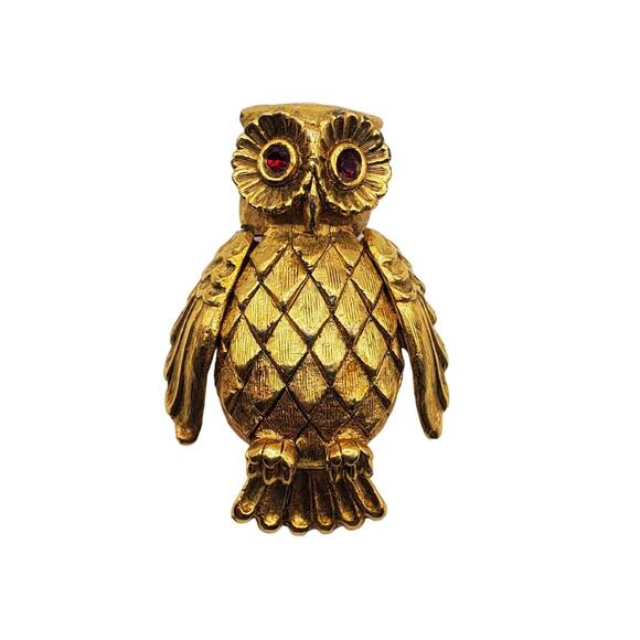 Gold Tone Owl Solid Perfume Pin Vonda Bird Brooch Red Eyes Vtg Nature Inspired - Picture 2 of 5